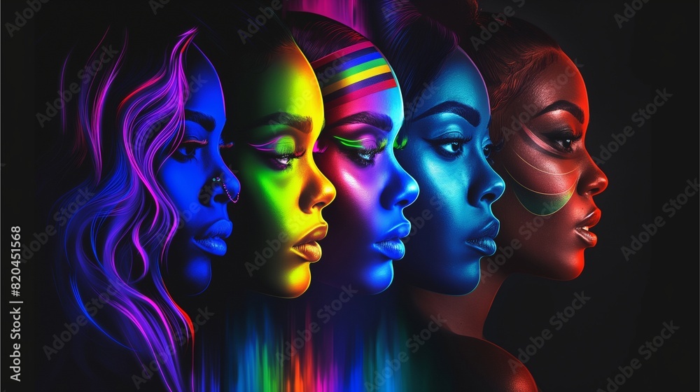 A vibrant digital artwork featuring five diverse faces, each with different hair and skin tones, set against an isolated black background,Generative AI illustration. A vibrant digital artwork featuring five diverse faces, each with different hair and skin tones, set against an isolated black background,Generative AI illustration.