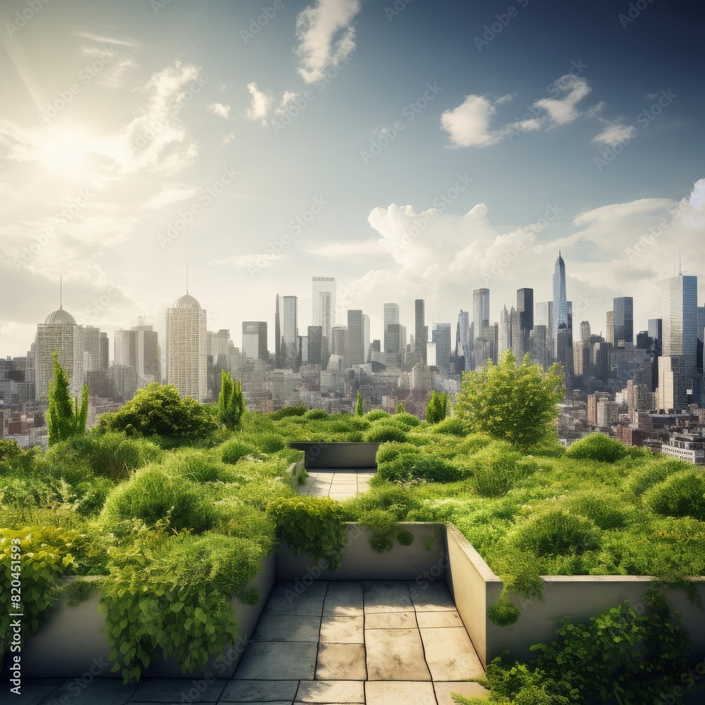 Urban rooftop garden with lush greenery against a city skyline under a bright, partly cloudy sky, embodying sustainable living. Urban rooftop garden with lush greenery against a city skyline under a bright, partly cloudy sky, embodying sustainable living.