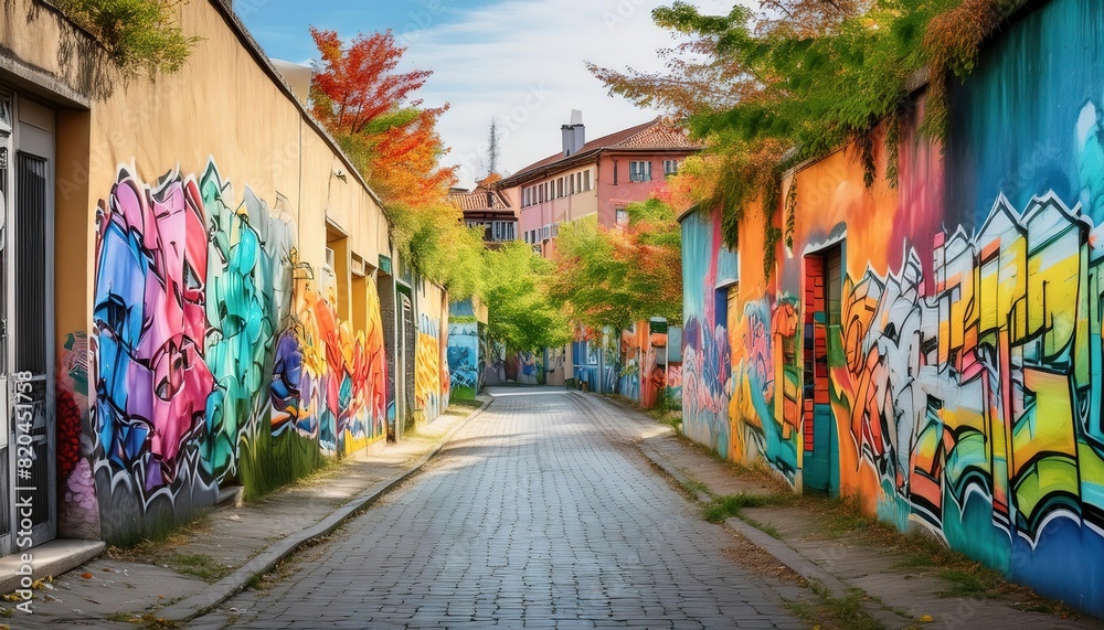 Naklejka premium Vibrant Street with Colorful Graffiti Art