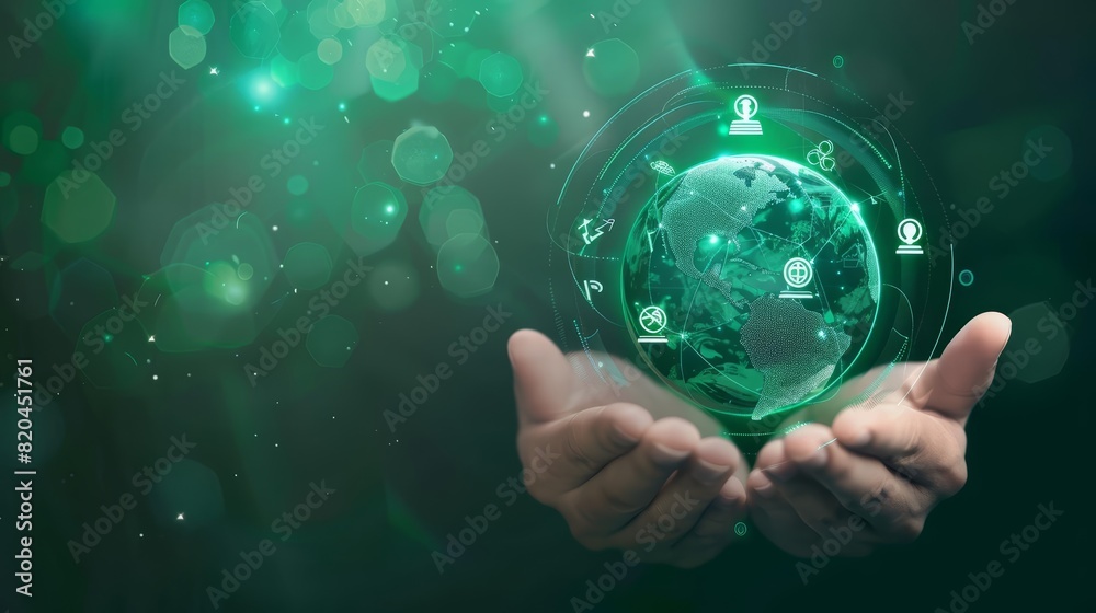 A blank podium showcase featuring hands cradling a glowing digital globe with ecofriendly icons encircling it A blank podium showcase featuring hands cradling a glowing digital globe with ecofriendly icons encircling it