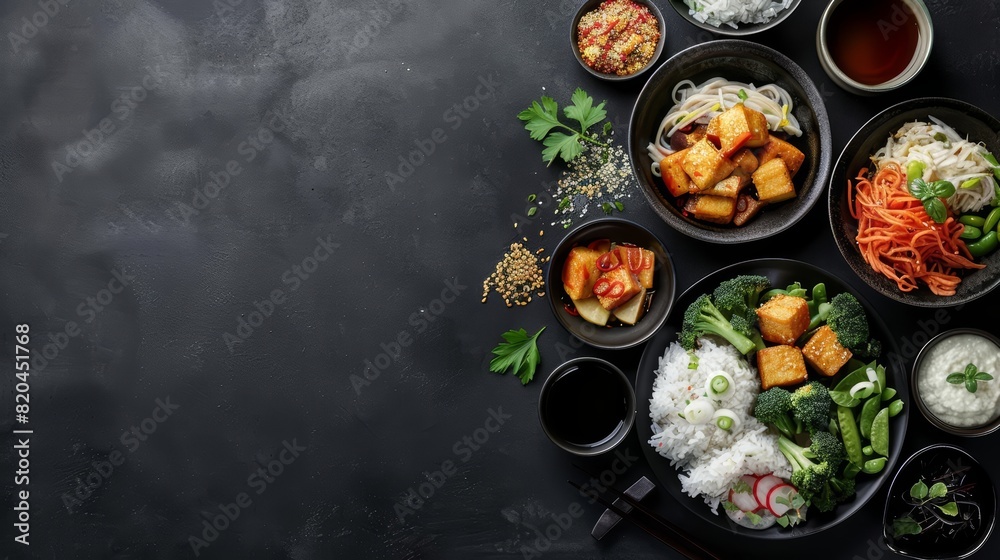 A blank podium showcase featuring a top view of an assortment of Asian dishes arranged on the left side A blank podium showcase featuring a top view of an assortment of Asian dishes arranged on the left side