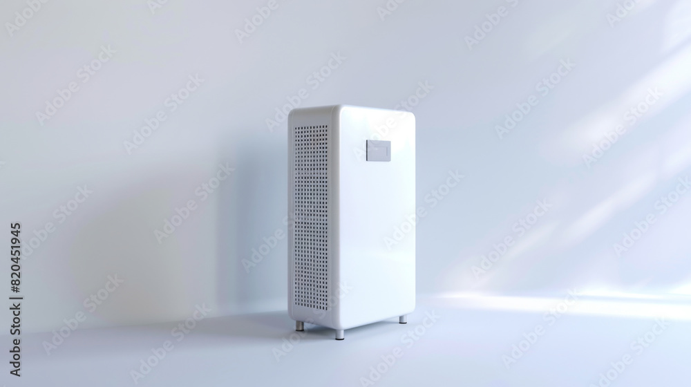 A modern white air purifier standing in a minimalist setting with subtle light and shadows, designed for clean air enhancement. A modern white air purifier standing in a minimalist setting with subtle light and shadows, designed for clean air enhancement.