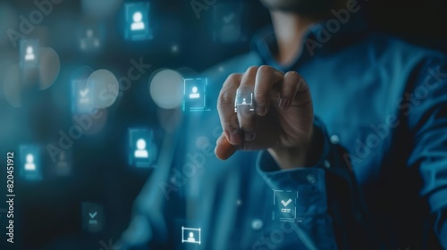 A closeup of a business professional in a blue shirt holding a tablet and using a finger to tick checkboxes on a holographic interface The background is softly blurred