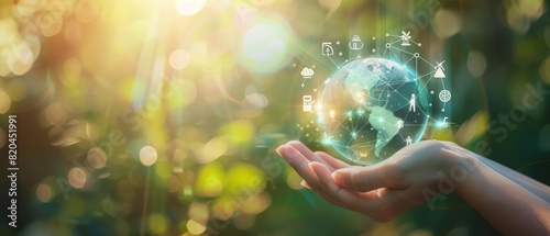 A closeup of hands gently cradling a holographic globe with interconnected ecofriendly icons floating around it The icons include symbols for solar energy