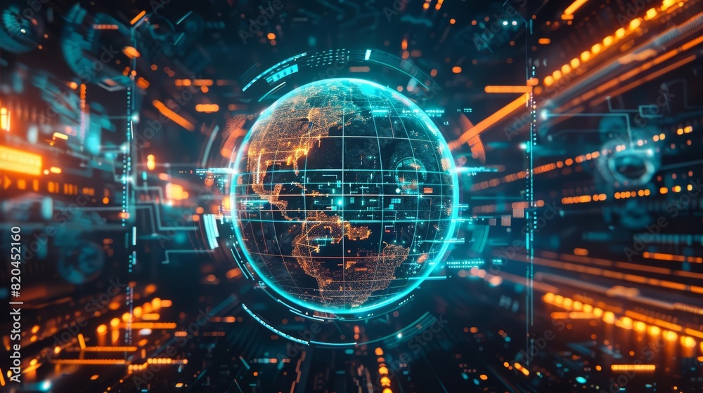 Fototapeta premium A creative composition showing a hightech globe with neon blue and orange highlights