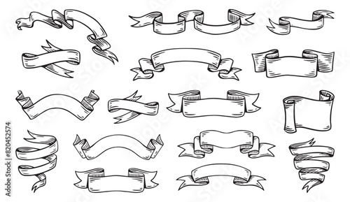 Hand drawn ribbons vintage set. Doodle style black color sketch. Isolated elements.