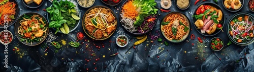 A fantastical top view of an array of Asian dishes arranged on the left side of a dark photo