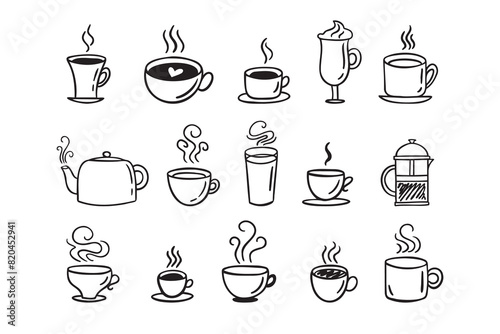 Hand drawn hot drinks set. Doodle coffee cups white background. Coffee, tea, cappuccino, espresso, latte, americano, hot chocolate