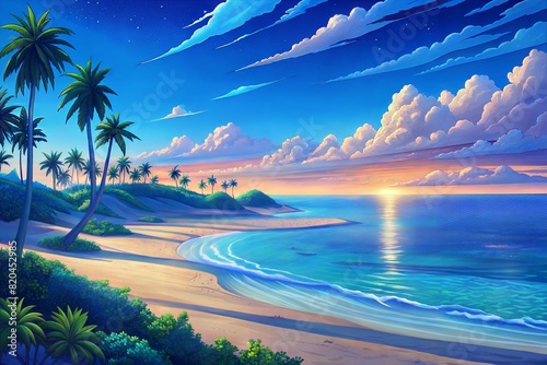 beautiful sandy beach landscape scene  blue hour  long beachline stretching into the diatance  light blue water reflecting the setting sun  beautiful summer weather  blue skies  white clouds