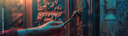 A human hand holding a key in front of an ornate old door, evoking a sense of mystery with a blurred backdrop #820453124