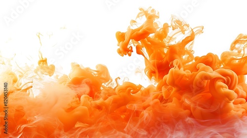 Bold orange plumes of smoke billowing gracefully against a bright white background, capturing the dynamic and energetic movement of color in motion.