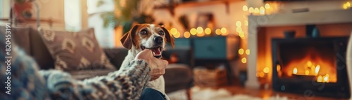 A human hand holding a pet toy in a cozy living room with a happy pet, evoking a sense of companionship with a blurred backdrop photo