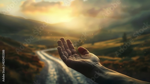 A human hand holding a road winding through a scenic countryside, evoking a sense of journey with a blurred backdrop #820453388