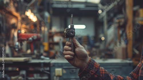 A human hand holding a tool in a bustling workshop, evoking a sense of craftsmanship with a blurred backdrop #820453569