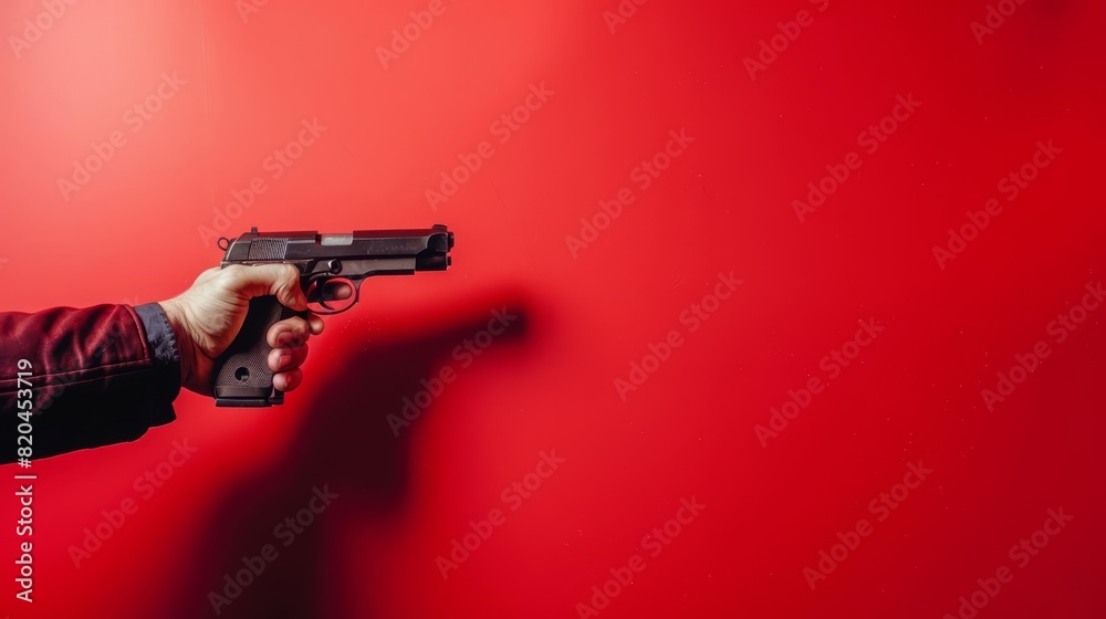 Naklejka premium A human hand holding a weapon against a solid color backdrop with copy space