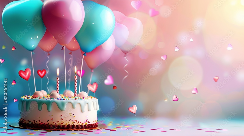 Colorful Balloons Background with Birthday Cake and Candles - Valentine's Day Celebration