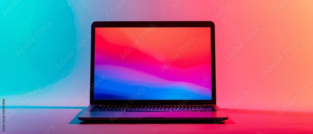 Fototapeta premium A laptop on a solid color background with lots of copy space