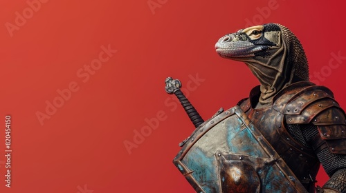 A Komodo dragon in a knights armor, holding a sword and shield against a solid red background with copy space photo
