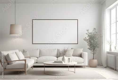 Frame Mockup ISO A paper size frame with a living room wall poster in a modern  white-walled interior design. Photorealistic 3D rendering