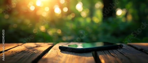 A phone lying on a wooden surface with a slightly blurred background for advertising photo