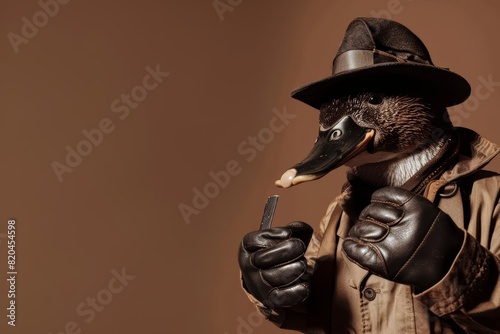 A platypus in a detective outfit, examining clues against a solid brown background with copy space