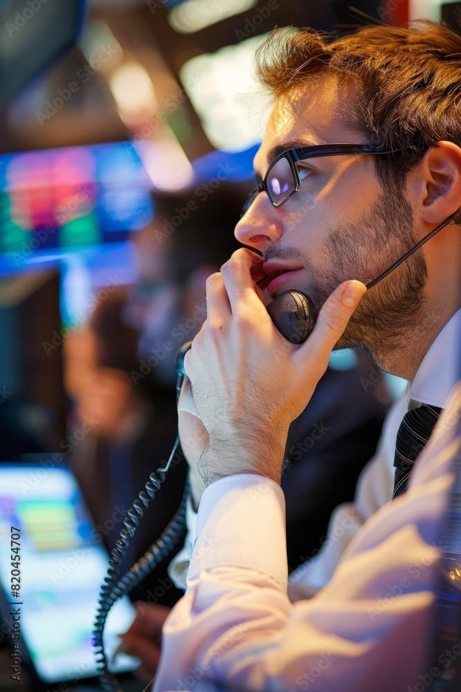 Fototapeta premium A stock broker making a high-stakes phone call on the trading floor of a busy stock exchange, Generative AI