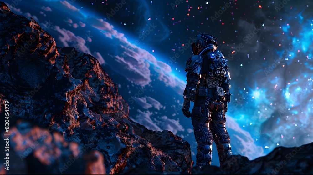 Fototapeta premium 3D. Realistic. Generate AI. Printing. Illustration. Safety Specialist in an advanced space suit, performing safety checks on an interstellar mining rig.