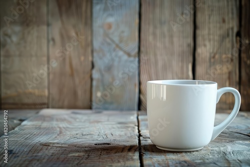 A simple cup on a wooden background with a slightly blurred backdrop for advertising