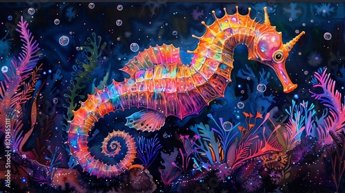 A neoncolored seahorse floating among luminous seaweed, its body shimmering with vibrant neon colors, Watercolor, Neon, Bright tones, Delicate details photo