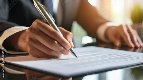A close-up of a hand signing a business document with a pen. The image conveys professionalism and the importance of formal agreements in a business setting.  photo