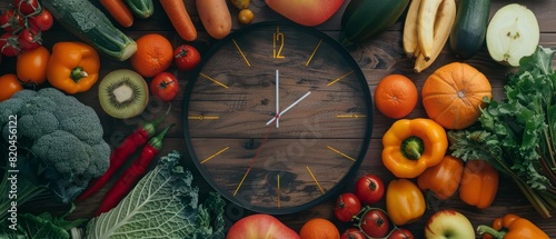 A top view of a round clock surrounded by a variety of fresh vegetables and fruits arranged in a circular pattern The dark wooden background enhances the vibrant colors of the prod photo