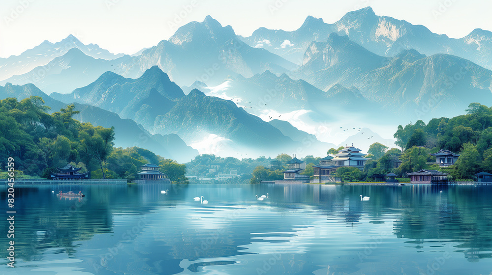 landscape with lake and mountains landscape with lake and mountains