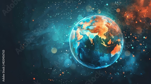 A watercolor clipart of a glowing globe with neon blue and orange data points