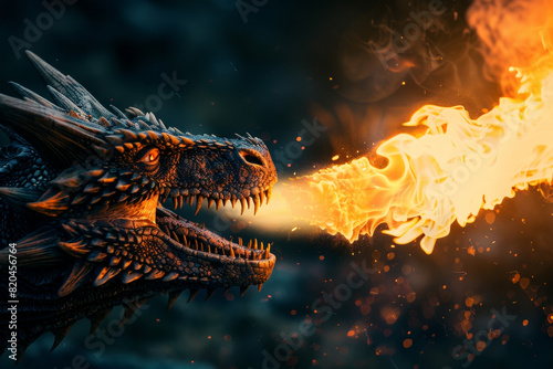 A dragon is blowing fire out of its mouth