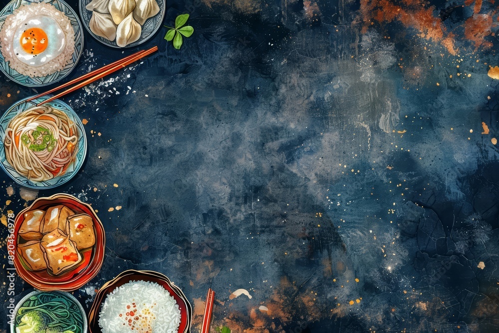 A watercolor clipart of a top view of assorted Asian dishes arranged on the left side of a dark