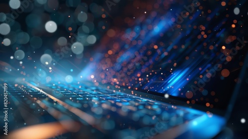 An advanced laptop model showcased with an artistic background, invoking a sense of wonder with a blurry backdrop and copy space