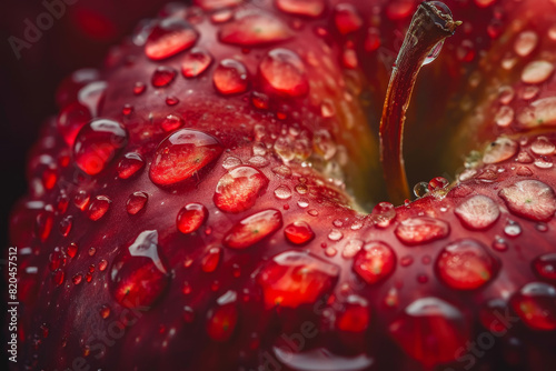 A red apple with a green stem is covered in raindrops
