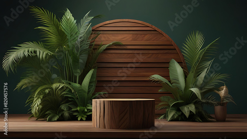  A wood podium stage  surrounded by intricately detailed tropical palm leaves  each rendering with its own unique and interesting stylistic twist background