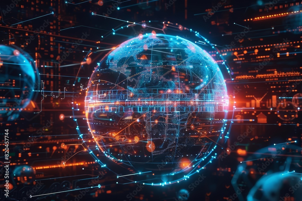 Fototapeta premium An illustrated scene of a holographic globe with bright blue and orange highlights