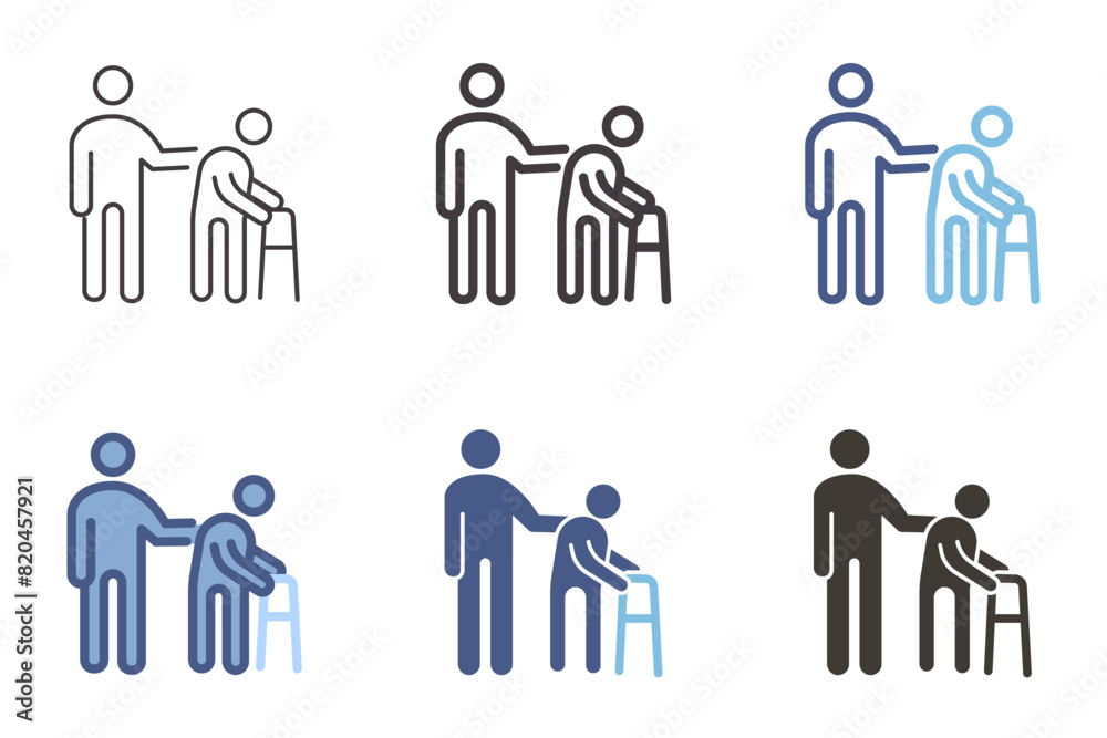 Caretaker and old age senior with physical disability icon. Therapy caregiver, elder patient assistance nursing home. Vector graphic element symbols Caretaker and old age senior with physical disability icon. Therapy caregiver, elder patient assistance nursing home. Vector graphic element symbols