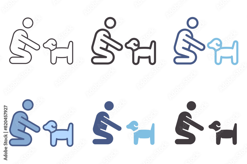 Person playing or teaching small dog or puppy icon. Vector graphic elements for dog education, adoption, animal care Person playing or teaching small dog or puppy icon. Vector graphic elements for dog education, adoption, animal care