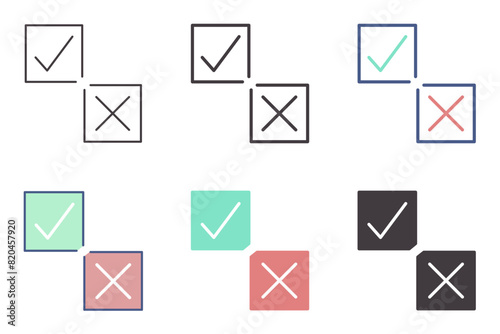 Checkboxes with checkmark and cross icons. Vector graphic symbol elements