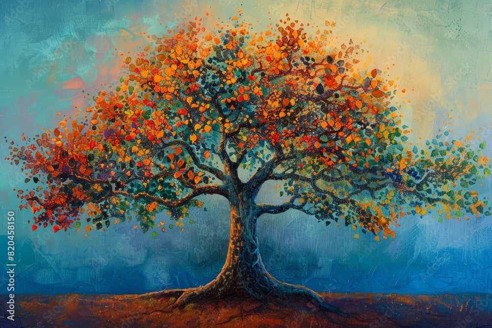 A painting of a tree with many different colors A painting of a tree with many different colors