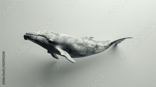 Artistic monochrome rendering of a humpback whale swimming, isolated on a grey background, exuding a sense of calm and majesty.