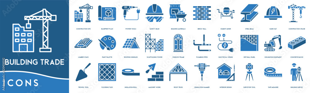 Building Trade icon line. Construction Site, Blueprint Plan, Power Tools, Safety Gear, Building Materials, Brick Wall, Cement Mixer, Steel Beam, Hard Hat icon set