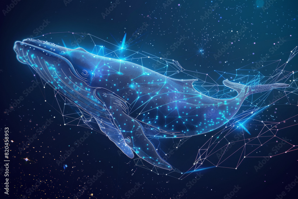 A whale is flying through the sky with stars and galaxies surrounding it