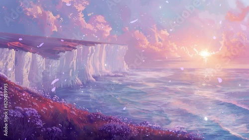 blissful sunrise on a cliffs. a blissful morning. seamless looping overlay 4k virtual video animation background photo