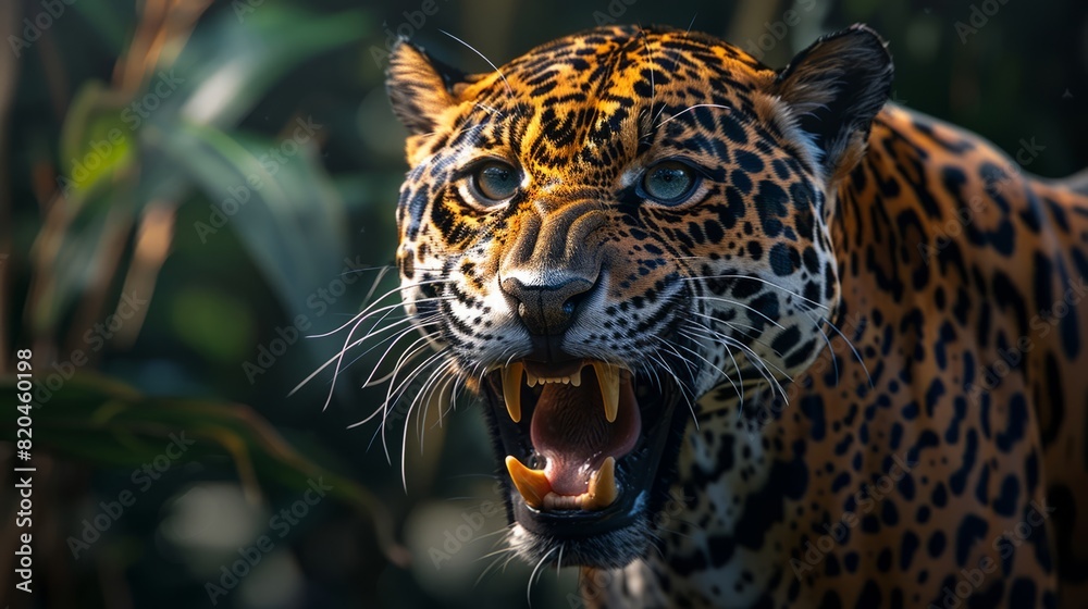 Powerful wild jaguar showcasing its sharp teeth Powerful wild jaguar showcasing its sharp teeth