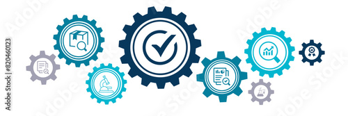 Quality management vector illustration. Blue concept with icons related to ISO, quality assurance, QM, product standards, warranty & customer satisfaction, operating regulations & certification, audit