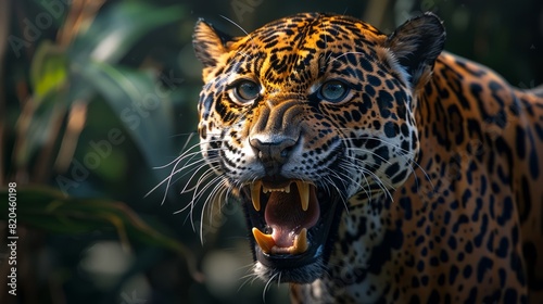 Powerful wild jaguar showcasing its sharp teeth